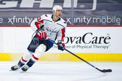 FILE- In this April 17, 2021, file photo, Washington Capitals' Zdeno Chara controls the puck during the first period of an NHL hockey game against the Philadelphia Flyers, Saturday, in Philadelphia. Chara is returning to the team he started his career with after agreeing to terms on a one-year deal with the New York Islanders. It will be the 44-year-old 24th NHL season. (AP Photo/Chris Szagola, File)