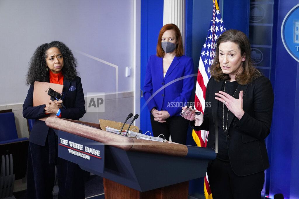Patrick Semansky Gender Policy Council co-chair Jennifer Klein, right, speaks alongside Julissa Reynoso, left, fellow co-chair and chief of staff to first lady Jill Biden, and White House press secretary Jen Psaki during a press briefing at the White House, Monday, March 8, 2021, in Washington. (AP Photo/Patrick Semansky)