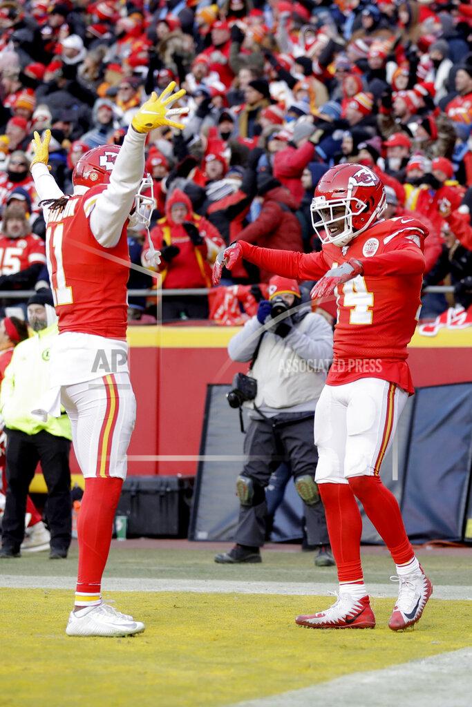Jeff Roberson Kansas City Chiefs' Sammy Watkins, right, celebrates with Demarcus Robinson (11) after catching a touchdown pass during the second half of the NFL AFC Championship football game against the Tennessee Titans Sunday, Jan. 19, 2020, in Kansas City, MO. (AP Photo/Jeff Roberson)