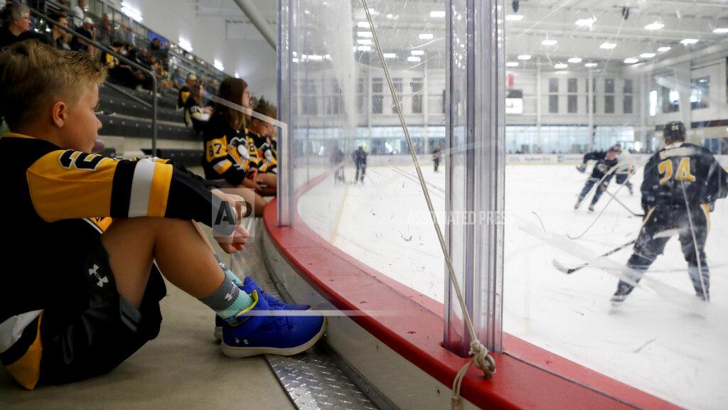 Keith Srakocic FILE - In this Sept. 13, 2019, file photo, nine-year-old Matt Manning, left, of Erie, Pa., sits with other young Pittsburgh Penguins hockey fans on the team's first day of training camp in Cranberry Township, Butler County, Pa. The most aggressive timetable, a person familiar with discussions told The Associated Press, would have players returning to their home rinks as early as May 15, followed by a training camp and possible exhibition games in June. (AP Photo/Keith Srakocic, File)