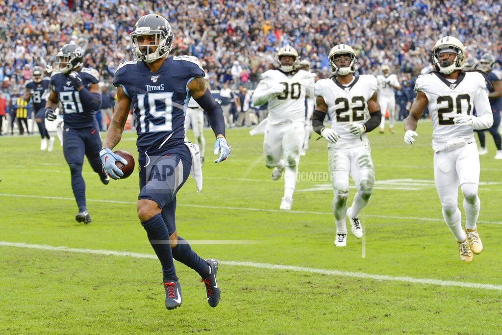 Mark Zaleski Tennessee Titans wide receiver Tajae Sharpe (19) scores a touchdown on a 36-yard pass reception against the New Orleans Saints in the second half of an NFL football game Sunday, Dec. 22, 2019, in Nashville, Tenn. (AP Photo/Mark Zaleski)