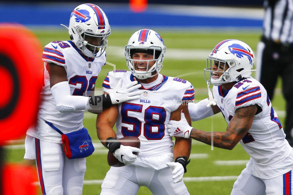 Jeffrey T. Barnes FILE - Buffalo Bills outside linebacker Matt Milano (58) is congratulated by teammates after intercepting a pass intended for New York Jets receiver Jamison Crowder (not shown) during the first half of an NFL football game in Orchard park, N.Y., in this Sunday Sept. 13, 2020, file photo. The Buffalo Bills' salary-cap constraints have led starting linebacker Matt Milano to decide he will test free agency next month, a person with direct knowledge of the situation told The Associated Press on Friday, Feb. 19, 2021. The person spoke to The AP on the condition of anonymity because the discussions between the player and team have been private. (AP/ Photo Jeffrey T. Barnes, File)