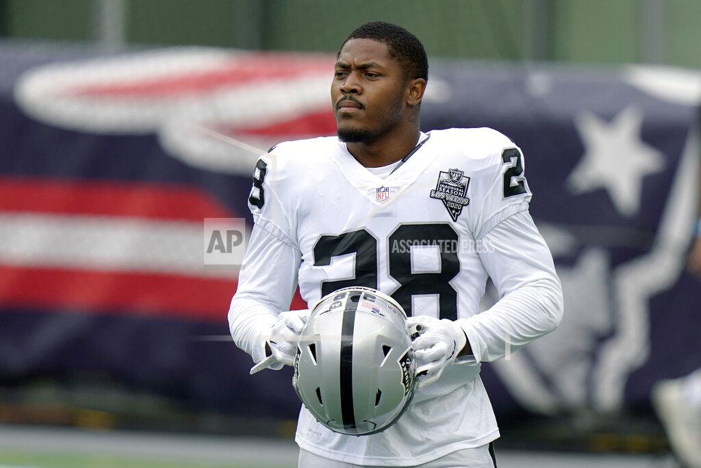 Steven Senne Las Vegas Raiders running back Josh Jacobs pauses as he warms up before an NFL football game against the New England Patriots, Sunday, Sept. 27, 2020, in Foxborough, Mass. (AP Photo/Steven Senne)