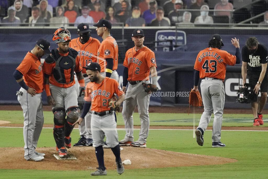 Jae C. Hong Houston Astros pitcher Lance McCullers Jr. (43) walks off the field after being relieved during the fourth inning in Game 7 of a baseball American League Championship Series against the Tampa Bay Rays, Saturday, Oct. 17, 2020, in San Diego. (AP Photo/Jae C. Hong)
