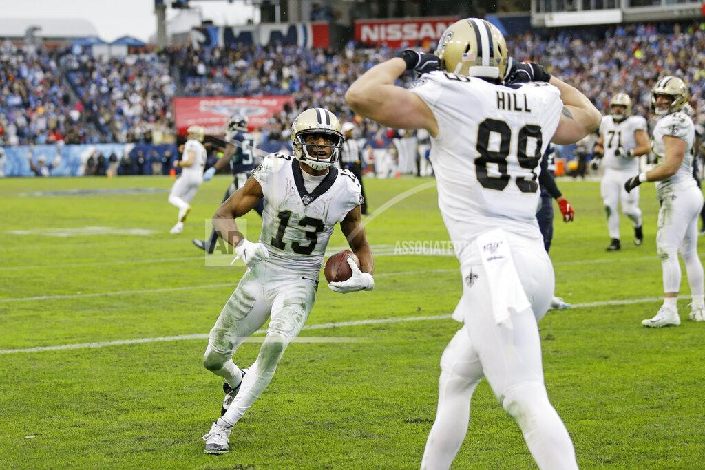 James Kenney New Orleans Saints wide receiver Michael Thomas (13) celebrates with tight end Josh Hill (89) after Thomas scored a touchdown on a 2-yard pass reception against the Tennessee Titans in the second half of an NFL football game Sunday, Dec. 22, 2019, in Nashville, Tenn. The Saints won 38-28. (AP Photo/James Kenney)