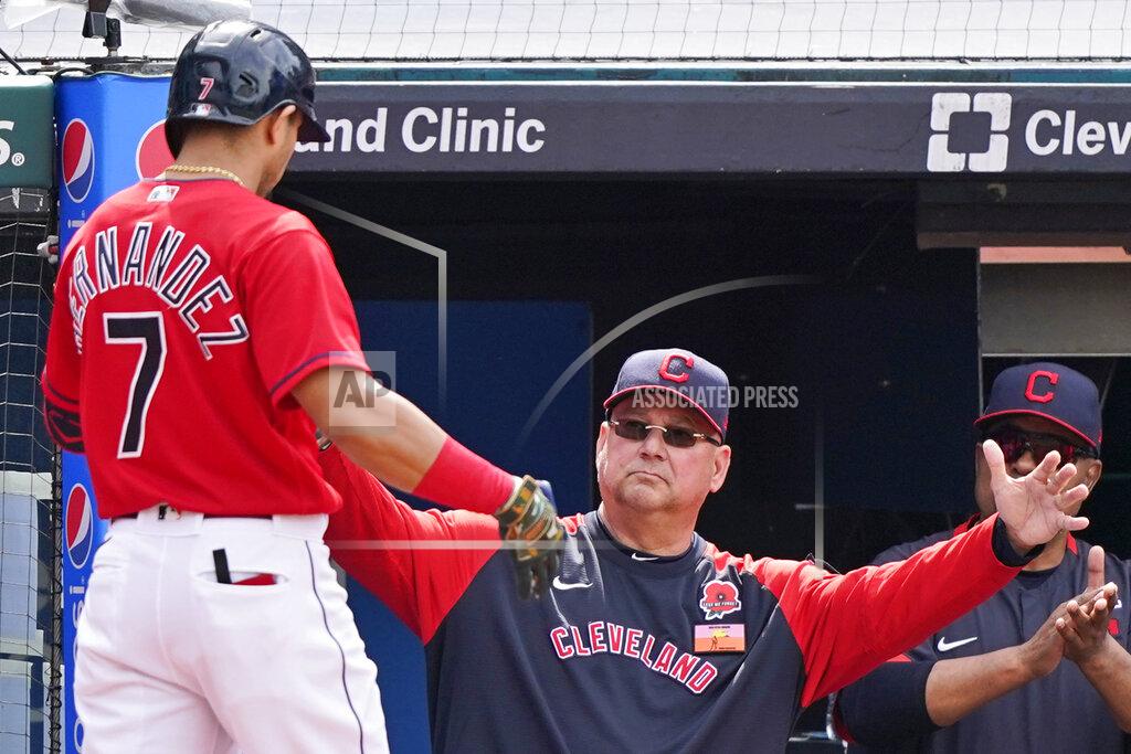 Tony Dejak Cleveland Indians manager Terry Francona, right, congratulates Cesar Hernandez after Hernandez hit a solo home run in the third inning of the first baseball game of a doubleheader against the Chicago White Sox, Monday, May 31, 2021, in Cleveland. (AP Photo/Tony Dejak)