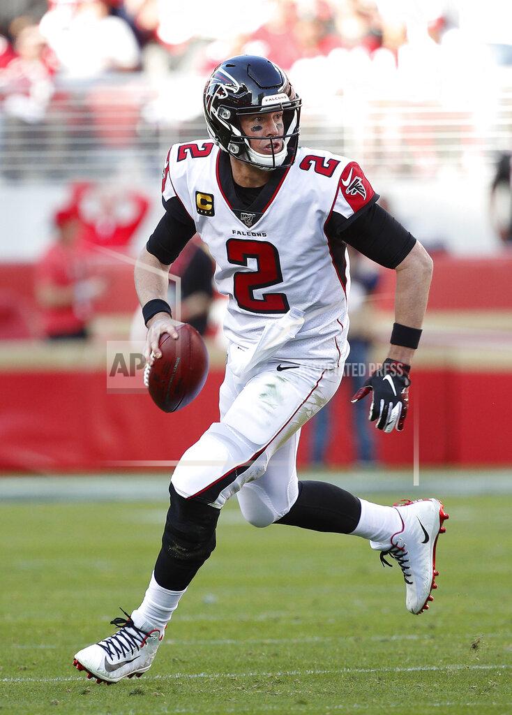 Josie Lepe Atlanta Falcons quarterback Matt Ryan scrambles against the San Francisco 49ers during the first half of an NFL football game in Santa Clara, Calif., Sunday, Dec. 15, 2019. (AP Photo/Josie Lepe)