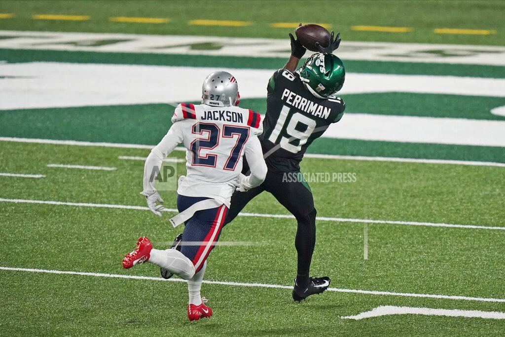 Corey Sipkin New York Jets' Breshad Perriman, right, catches a touchdown in front of New England Patriots' J.C. Jackson during the first half of an NFL football game, Monday, Nov. 9, 2020, in East Rutherford, N.J. (AP Photo/Corey Sipkin)