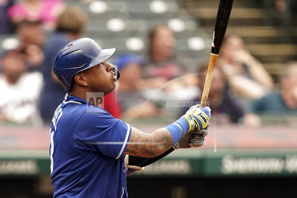 Tony Dejak Kansas City Royals' Salvador Perez watches his two-run home run in the fifth inning in the first baseball game of a doubleheader against the Cleveland Indians, Monday, Sept. 20, 2021, in Cleveland. The home run broke Johnny Bench's record for the most home runs in a season by a primary catcher. (AP Photo/Tony Dejak)