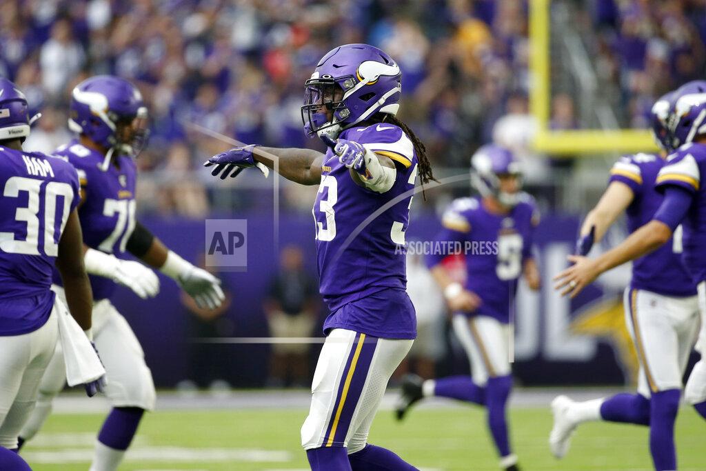 Bruce Kluckhohn Minnesota Vikings running back Dalvin Cook (33) celebrates after scoring on a 1-yard touchdown run during the first half of an NFL football game against the Oakland Raiders, Sunday, Sept. 22, 2019, in Minneapolis. (AP Photo/Bruce Kluckhohn)