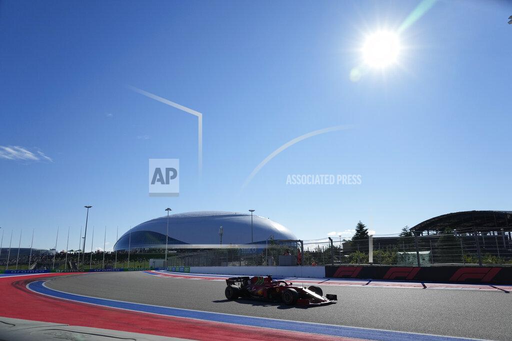 Sergei Grits Ferrari driver Charles Leclerc of Monaco steers his car during the second practice session at the Sochi Autodrom circuit, in Sochi, Russia, Friday, Sept. 24, 2021. The Russian Formula One Grand Prix will be held on Sunday. (AP Photo/Sergei Grits)