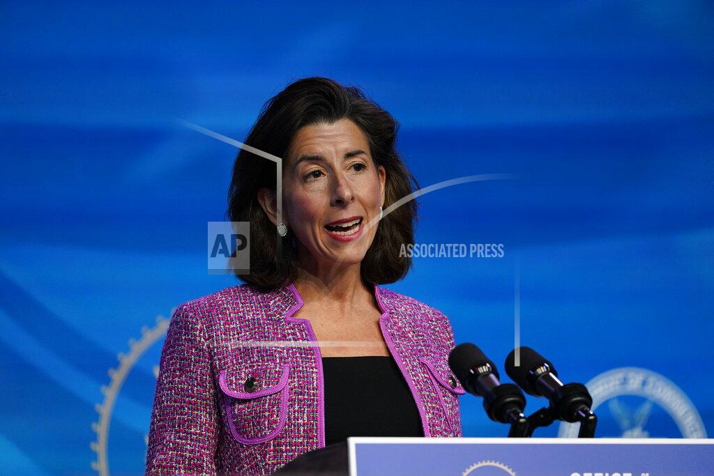 Susan Walsh President-elect Joe Biden's nominee for Secretary of Commerce, Rhode Island Gov. Gina Raimondo speaks during an event at The Queen theater in Wilmington, Del., Friday, Jan. 8, 2021. (AP Photo/Susan Walsh)