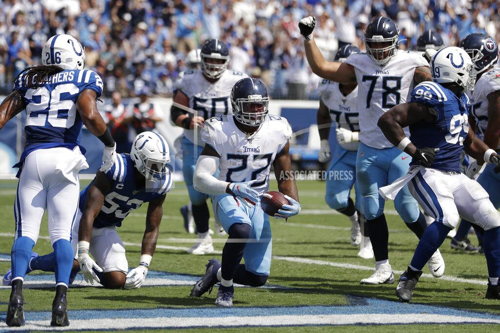 James Kenney Tennessee Titans running back Derrick Henry (22) scores a touchdown against the Indianapolis Colts in the second half of an NFL football game Sunday, Sept. 15, 2019, in Nashville, Tenn. (AP Photo/James Kenney)