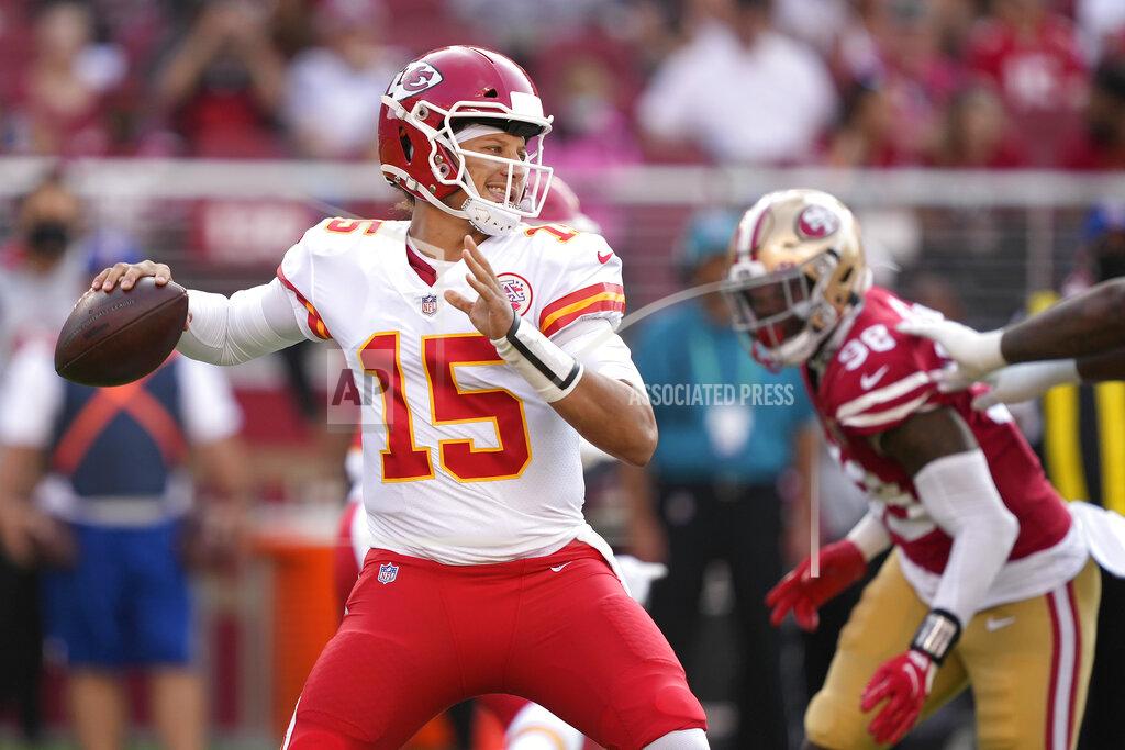 Tony Avelar Kansas City Chiefs quarterback Patrick Mahomes (15) passes against the San Francisco 49ers during the first half of an NFL preseason football game in Santa Clara, Calif., Saturday, Aug. 14, 2021. (AP Photo/Tony Avelar)