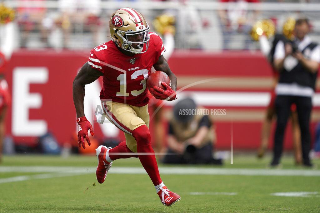 Tony Avelar San Francisco 49ers' Richie James Jr. runs against the Pittsburgh Steelers during the first half of an NFL football game in Santa Clara, Calif., Sunday, Sept. 22, 2019. (AP Photo/Tony Avelar)