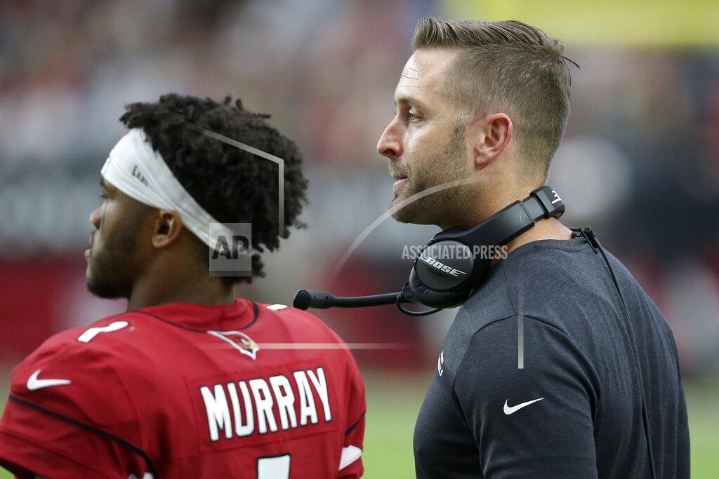 Ross D. Franklin Arizona Cardinals head coach Kliff Kingsbury and quarterback Kyler Murray (1) watch during the second half of an NFL football game against the Seattle Seahawks, Sunday, Sept. 29, 2019, in Glendale, Ariz. (AP Photo/Ross D. Franklin)