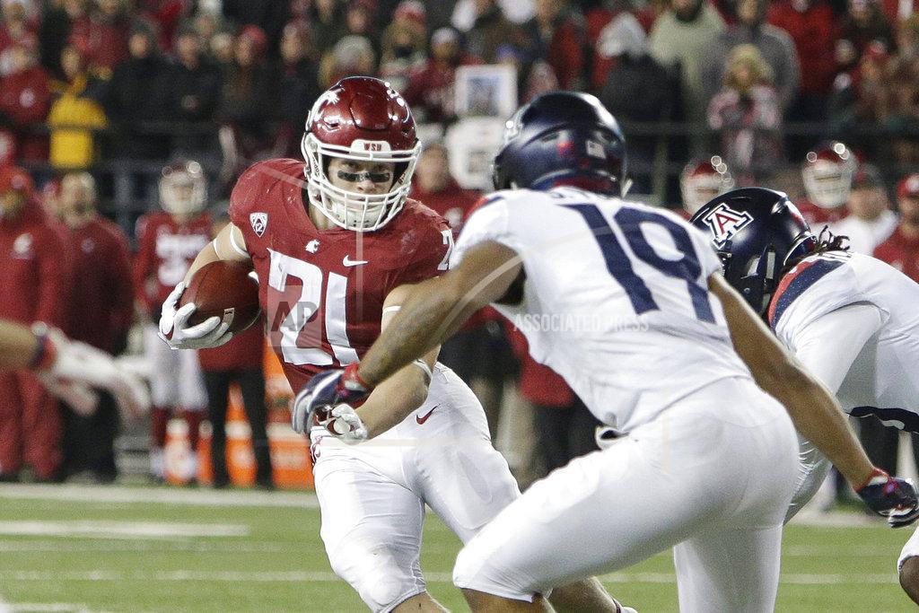 Young Kwak Washington State running back Max Borghi (21) runs with the ball while pursued by Arizona safety Scottie Young Jr. (19) during the second half of an NCAA college football game in Pullman, Wash., Saturday, Nov. 17, 2018. Washington State won 69-28. (AP Photo/Young Kwak)