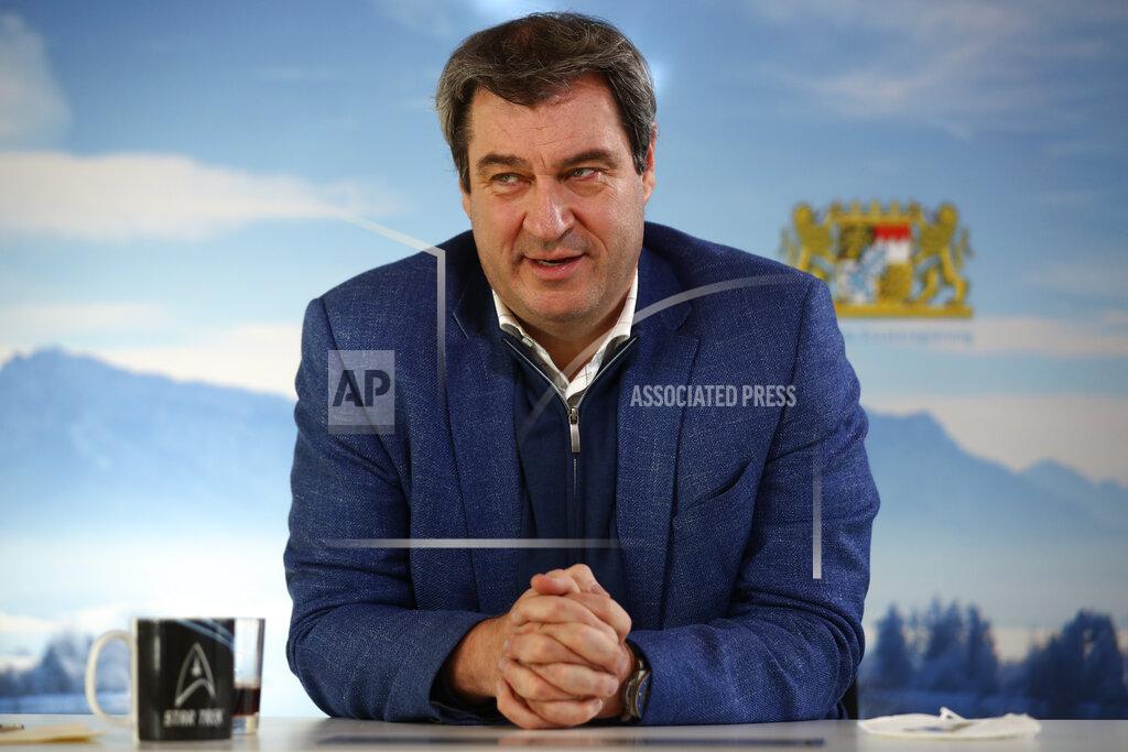 Matthias Schrader Bavarian state governor Markus Soeder attends an Associated Press interview in Nuremberg, Germany, Thursday, Feb. 18, 2021. Markus Soeder is many things: state governor of Bavaria, Star Trek fan, a conservative for whom combating climate change is an article of faith. The question Germans are asking now is: can the 54-year-old win enough backing across the political spectrum to succeed Angela Merkel as chancellor in September. (AP Photo/Matthias Schrader)