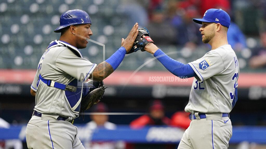 Tony Dejak Kansas City Royals relief pitcher Jesse Hahn, right, is congratulated by catcher Salvador Perez after a baseball game against the Cleveland Indians, Monday, April 5, 2021, in Cleveland. (AP Photo/Tony Dejak)