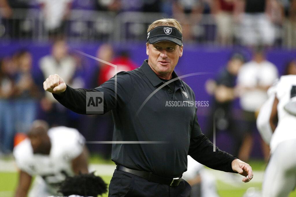 Bruce Kluckhohn Oakland Raiders head coach Jon Gruden walks on the field before an NFL football game against the Minnesota Vikings, Sunday, Sept. 22, 2019, in Minneapolis. (AP Photo/Bruce Kluckhohn)
