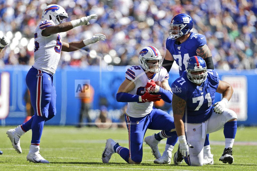 Adam Hunger Buffalo Bills' Trent Murphy, second from left, reacts after an interception during the first half of an NFL football game against the New York Giants, Sunday, Sept. 15, 2019, in East Rutherford, N.J. (AP Photo/Adam Hunger)