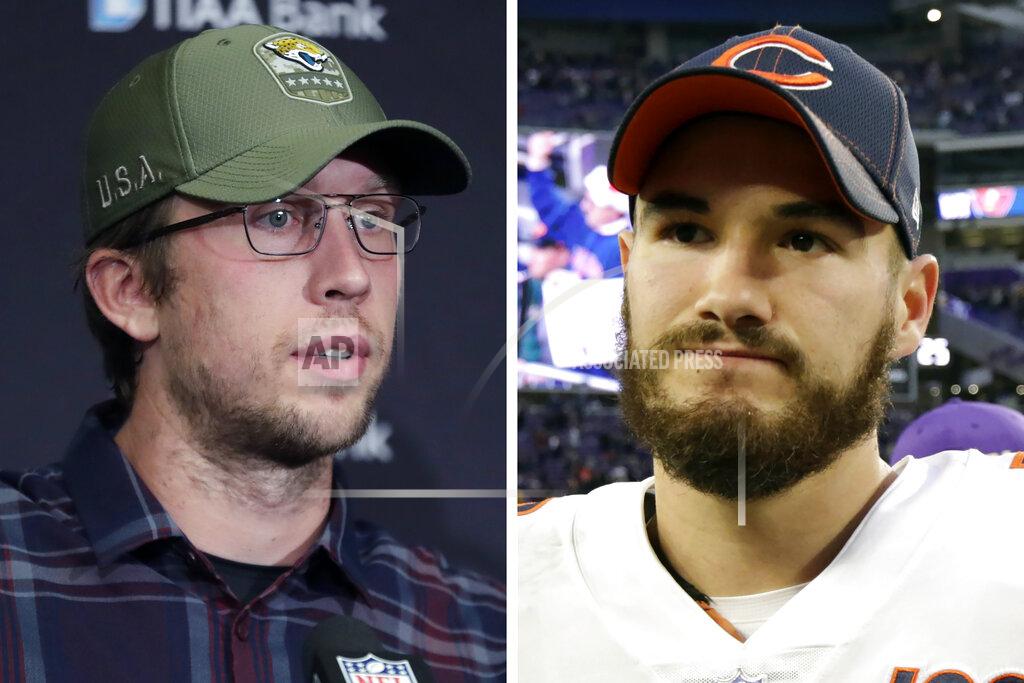 Uncredited FILE - From left are 2019 file photos showing then-Jacksonville Jaguars quarterback Nick Foles speaking in Indianapolis and Chicago Bears quarterback Mitchell Trubisky speaking n Minneapolis. Trubisky understands why the Bears acquired quarterback Nick Foles. That doesn't mean he's ready to hand over the starting job. Trubisky said the trade for Foles gave him extra motivation to show he can develop into the franchise quarterback the Bears thought he would become when they moved up a spot to draft him with the No. 2 overall pick in 2017.(AP Photo/File)