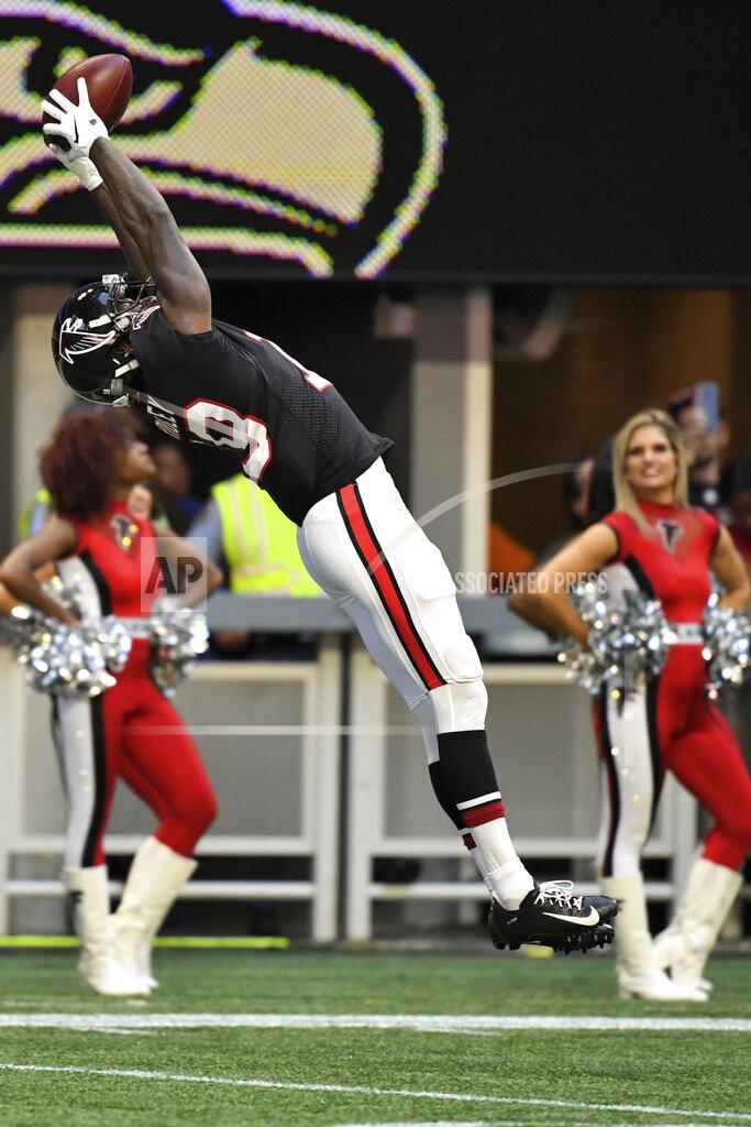 Danny Karnik Atlanta Falcons wide receiver Calvin Ridley (18) makes the catch against the Seattle Seahawks during the second half of an NFL football game, Sunday, Oct. 27, 2019, in Atlanta. The Seattle Seahawks won 27-20. (AP Photo/Danny Karnik)