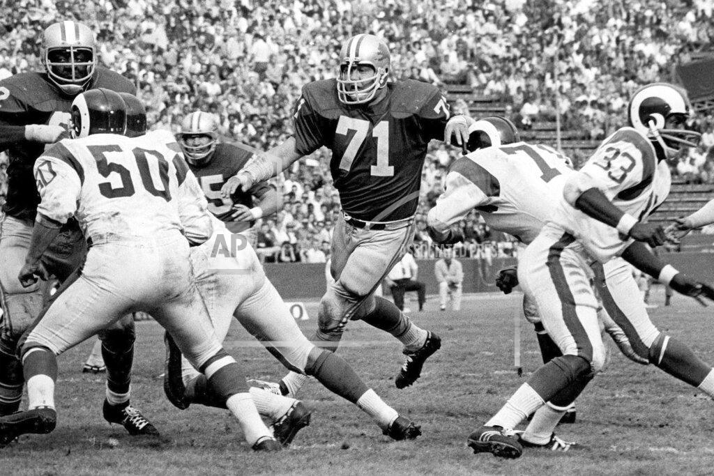 Uncredited FILE- In this undated file photo, Detroit Lions defensive tackle Alex Karras (71) plays against the Los Angeles Rams. Karras' installment into the Pro Football Hall of Fame should put to rest years of speculation about why he wasn’t inducted sooner. (Detroit Lions via AP)