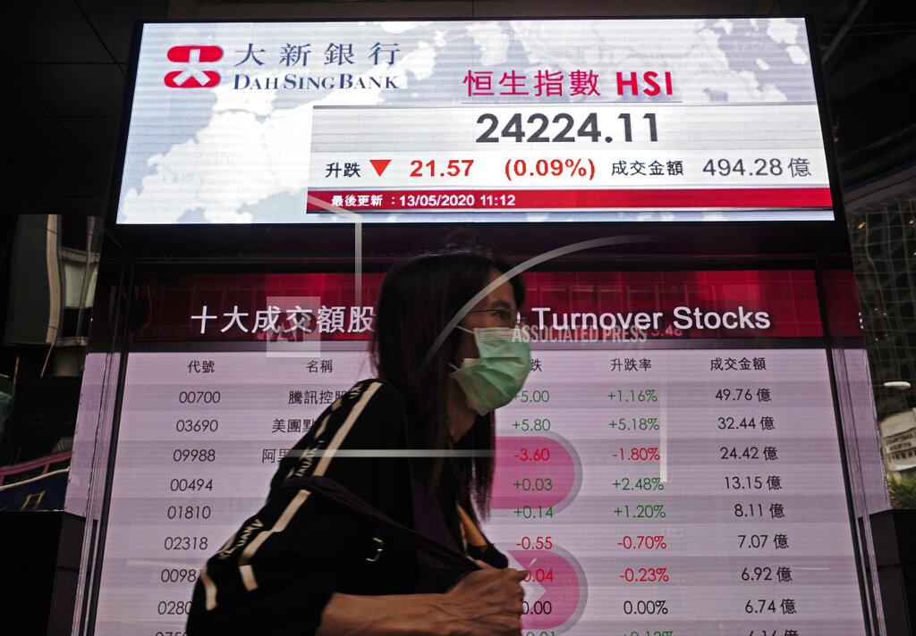 A woman wearing face mask walks past a bank electronic board showing the Hong Kong share index in Hong Kong Wednesday, May 13, 2020. Shares fell in Asia on Wednesday after Wall Street logged its biggest loss since the start of the month on worries about the downside of reopening the economy too soon. (AP Photo/Vincent Yu)