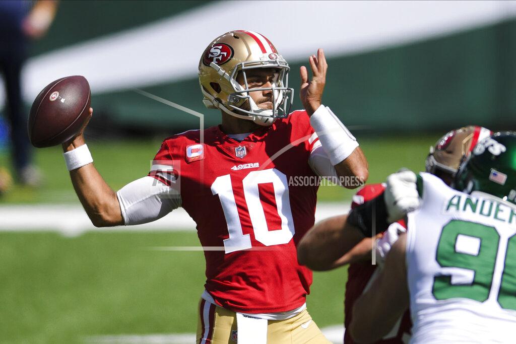 Bill Kostroun San Francisco 49ers quarterback Jimmy Garoppolo (10) throws a pass during the first half of an NFL football game against the New York Jets, Sunday, Sept. 20, 2020, in East Rutherford, N.J. Garoppolo will face his former Patriots teammates for the first time on Sunday, Oct. 25. (AP Photo/Bill Kostroun)
