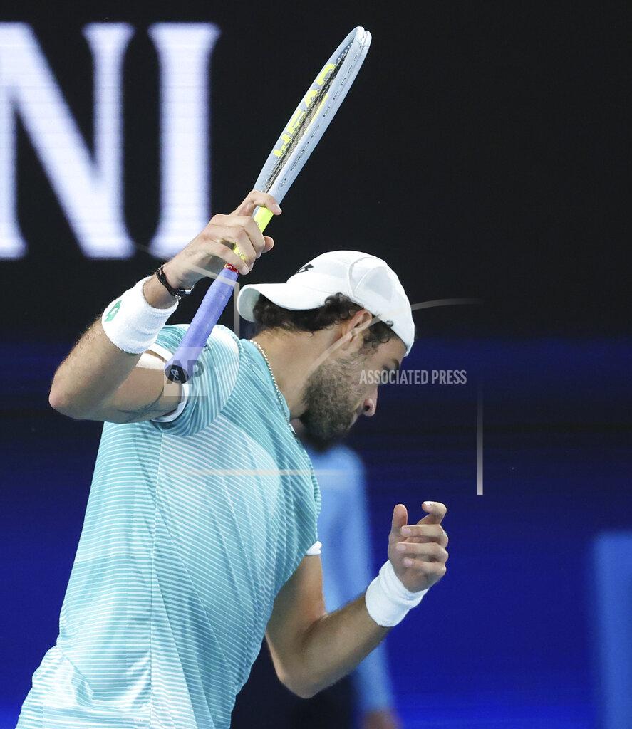Hamish Blair Italy's Matteo Berrettini reacts during his match against Russia's Daniil Medvedev in the ATP Cup final in Melbourne, Australia, Sunday, Feb. 7, 2021.(AP Photo/Hamish Blair)