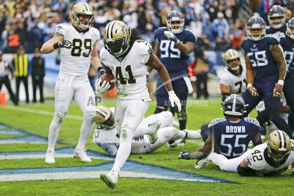 James Kenney New Orleans Saints running back Alvin Kamara (41) scores a touchdown on a 1-yard run against the Tennessee Titans in the second half of an NFL football game Sunday, Dec. 22, 2019, in Nashville, Tenn. (AP Photo/James Kenney)