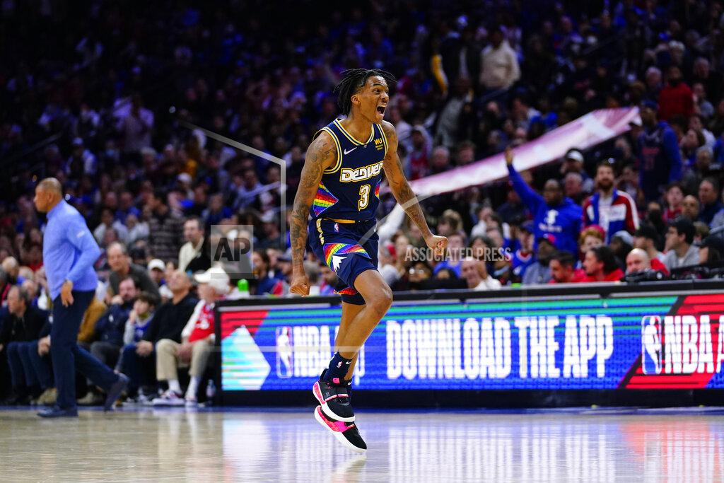 Matt Slocum Denver Nuggets' Bones Hyland reacts after making a three-pointer during the second half of an NBA basketball game against the Philadelphia 76ers, Monday, March 14, 2022, in Philadelphia. (AP Photo/Matt Slocum)