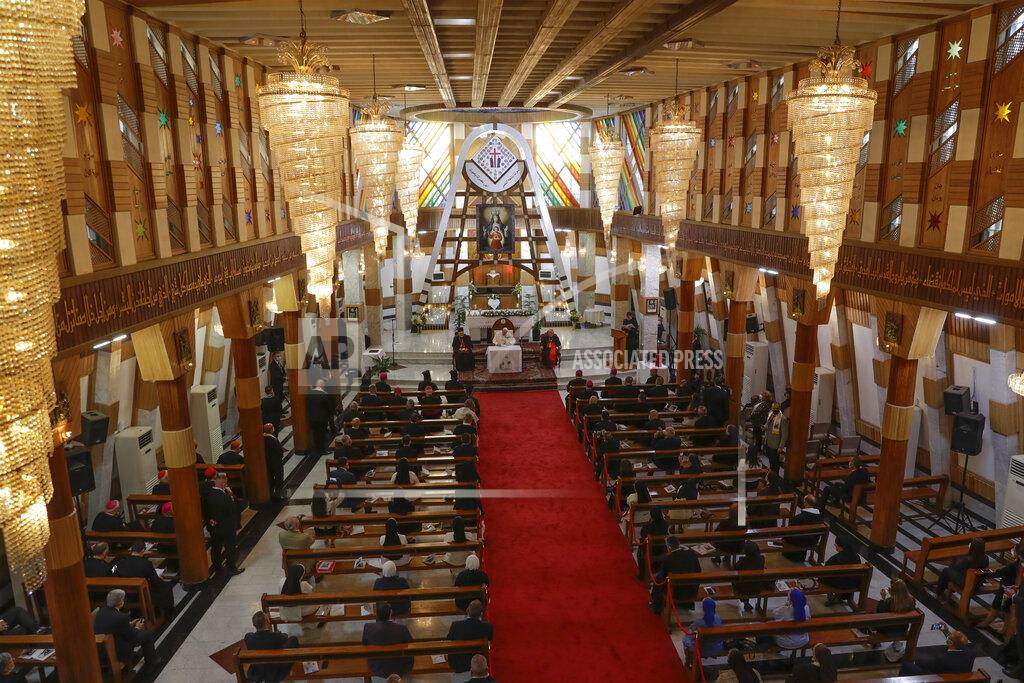 Andrew Medichini Pope Francis delivers his speech during a meeting with bishops and priests, at the Sayidat al-Nejat (Our Lady of Salvation) Cathedral, in Baghdad, Iraq, Friday, March 5, 2021. Pope Francis has arrived in Iraq to urge the country's dwindling number of Christians to stay put and help rebuild the country after years of war and persecution, brushing aside the coronavirus pandemic and security concerns. (AP Photo/Andrew Medichini)