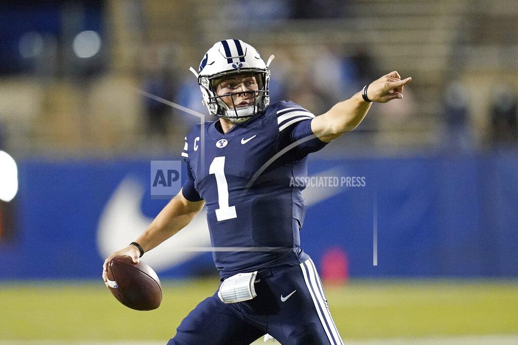 Rick Bowmer BYU quarterback Zach Wilson (1) looks down field in the first half during an NCAA college football game against Texas State Saturday, Oct. 24, 2020, in Provo, Utah. (AP Photo/Rick Bowmer)