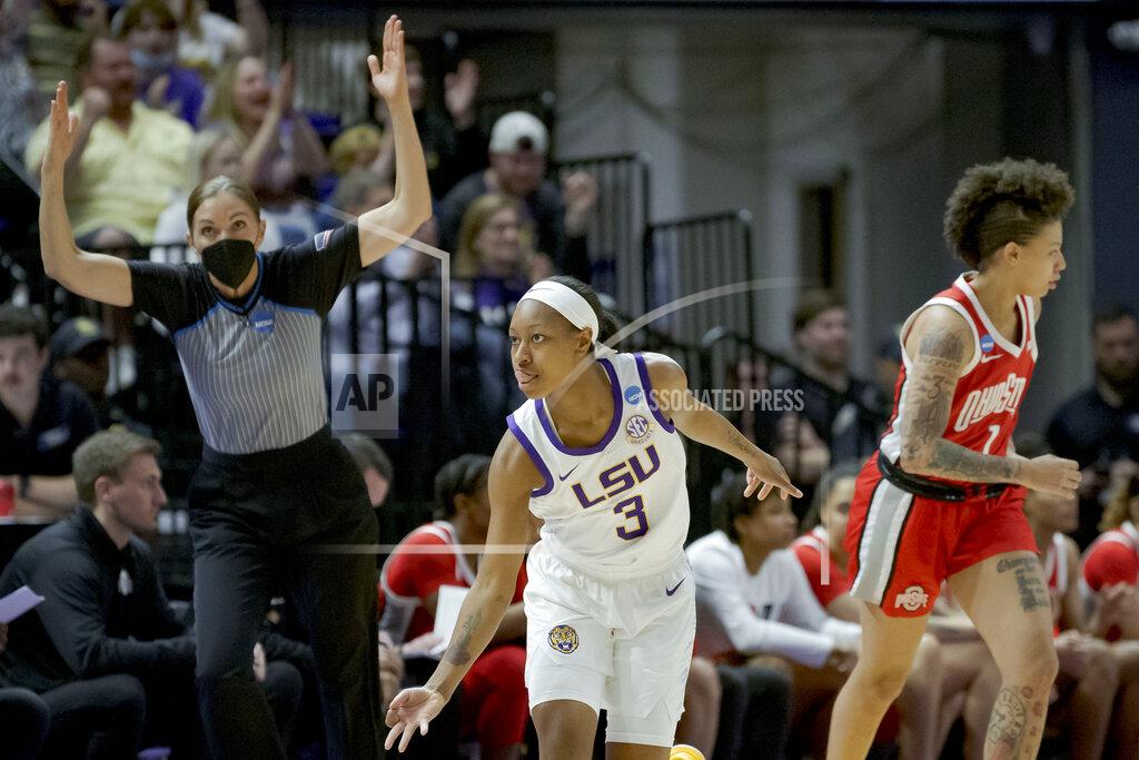 Matthew Hinton LSU guard Khayla Pointer (3) signals a 3-point basket against Ohio State guard Rikki Harris (1) during the first half of a college basketball game in the second round of the NCAA tournament, Monday, March 21, 2022, in Baton Rouge, La. (AP Photo/Matthew Hinton)