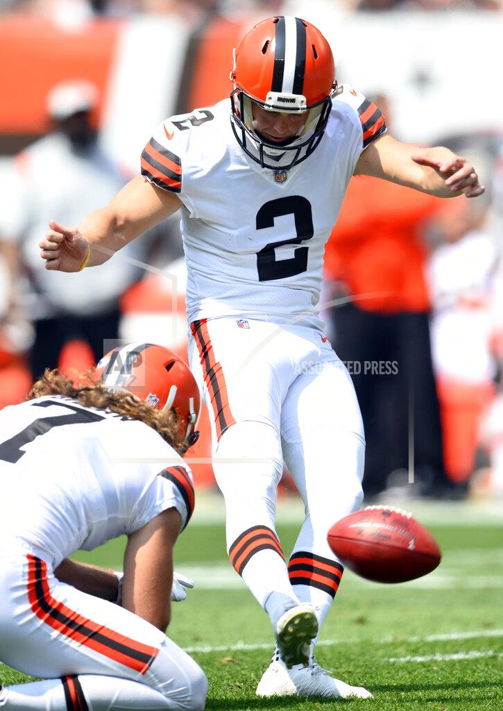 David Richard Cleveland Browns kicker Cody Parkey (2) boots an extra point in the first quarter of an NFL preseason football game against the New York Giants, Sunday, Aug. 22, 2021, in Cleveland. Parkey is being placed on injured reserve, meaning Chase McLaughlin will likely begin the season as Cleveland's starter. Parkey sustained a quadriceps injury during the exhibition win over the Giants on Sunday. (AP Photo/David Richard)