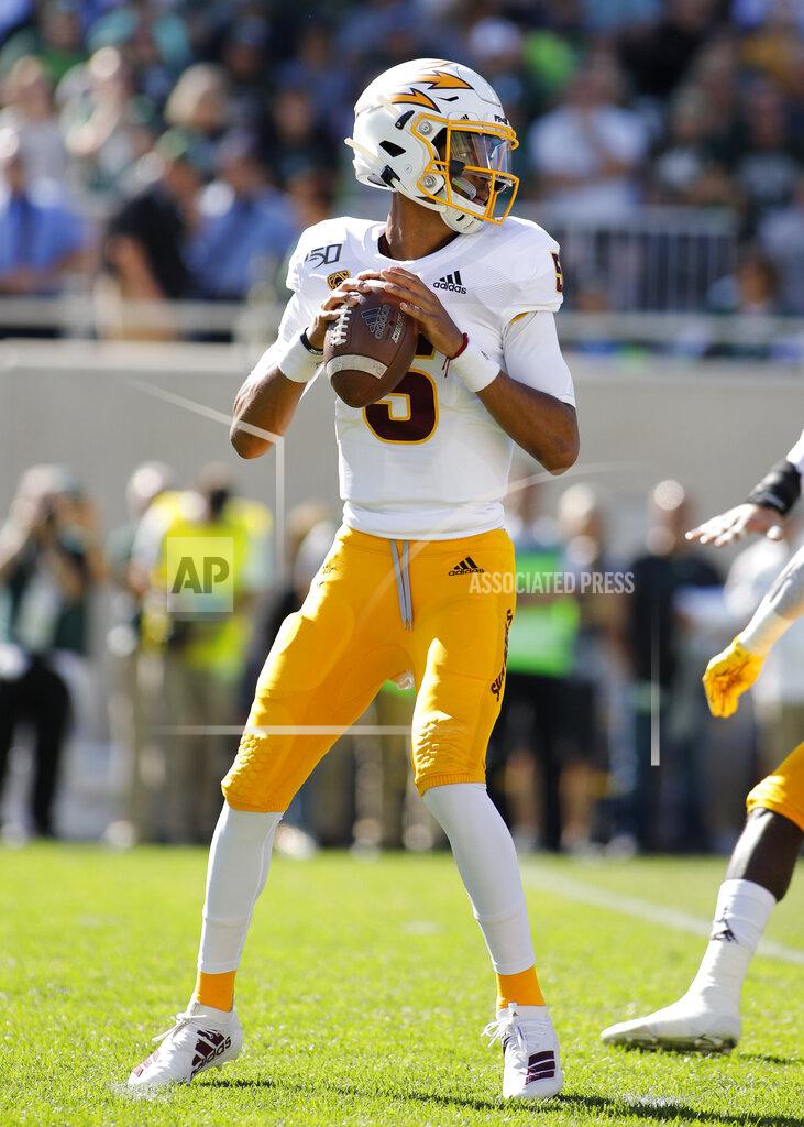 Al Goldis Arizona State quarterback Jayden Daniels looks to throw against Michigan State during the first quarter of an NCAA college football game Saturday, Sept. 14, 2019, in East Lansing, Mich. (AP Photo/Al Goldis)