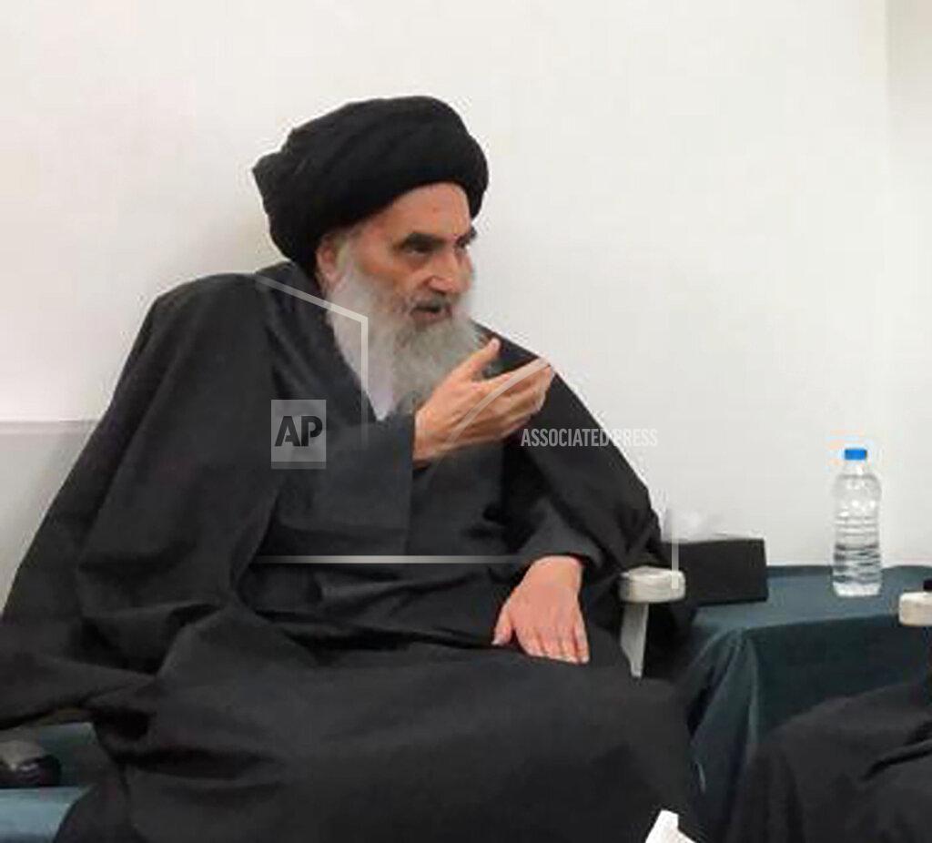 Uncredited FILE - This March, 13, 2019 handout file photo from the office of Grand Ayatollah Ali al-Sistani, shows senior Shiite cleric Grand Ayatollah Ali al-Sistani in the southern Iraqi city of Najaf. On Saturday, March 6, 2021, Pope Francis will visit the 90-year-old Grand Ayatollah who is revered by many Shiites worldwide and whose words hold powerful influence in Iraq and beyond. The pontiff and ayatollah will meet in al-Sistani’s modest home in the Iraqi city of Najaf. (Office of Grand Ayatollah Ali al-Sistani, via AP, File)