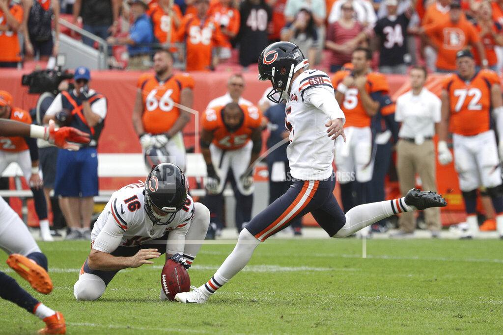Margaret Bowles Chicago Bears kicker Eddy Pineiro (15) kicks a 53-yard field goal to win the game during an NFL game against the Denver Broncos, Sunday Sept. 15, 2019, in Denver. The Bears defeated the Broncos 16-14. (Margaret Bowles via AP)