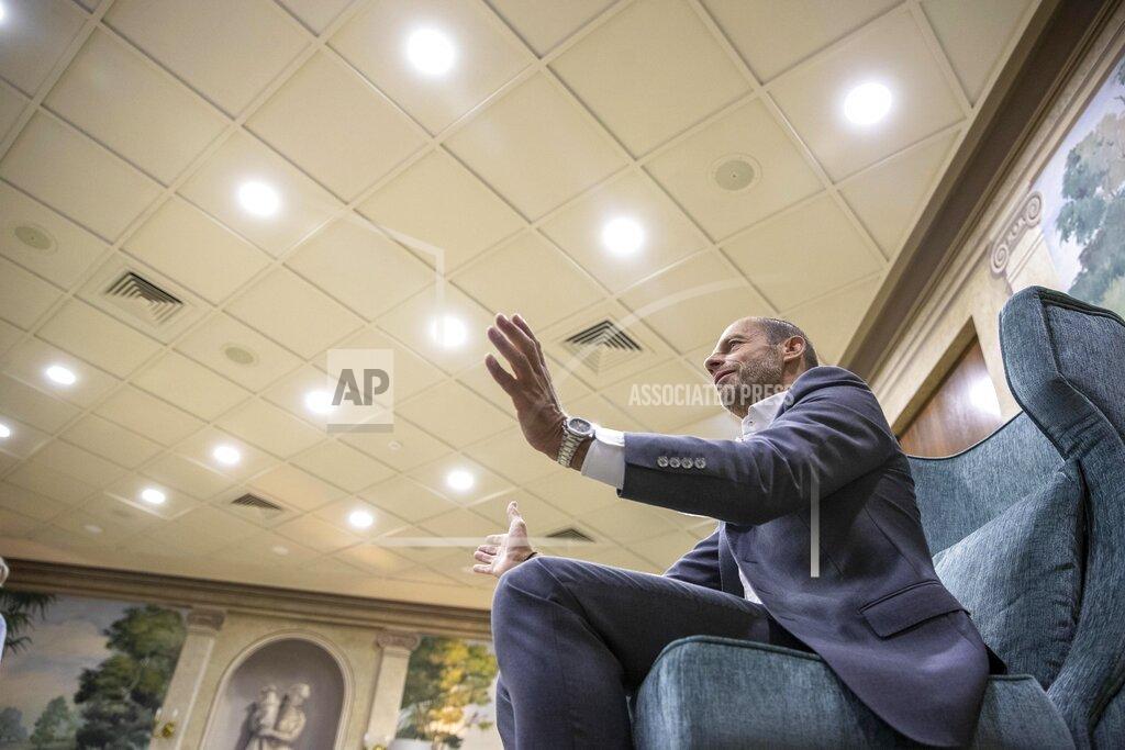 Manu Fernandez UEFA President Aleksander Ceferin speaks during an interview with The Associated Press in Lisbon, Portugal, Sunday, Aug. 23, 2020. Ceferin says he will hold talks about retaining the single-game eliminator format that has been used to complete the pandemic-disrupted Champions League and Europa League seasons. (AP Photo/Manu Fernandez)