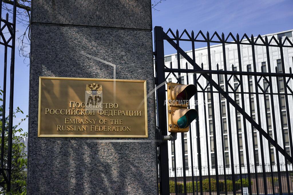 Carolyn Kaster The entrance gate of the Embassy of the Russian Federation is seen in Washington, Thursday, April 15, 2021. The Biden administration has rolled out a sweeping set of sanctions on Russia over its election interference, hacking efforts and other malign activity. (AP Photo/Carolyn Kaster)