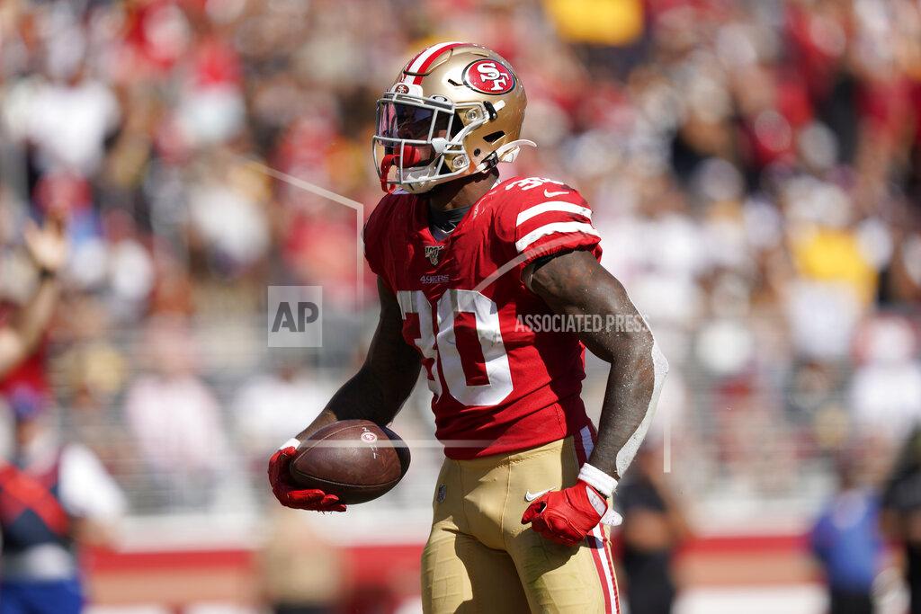 Tony Avelar San Francisco 49ers running back Jeff Wilson Jr. reacts after scoring against the Pittsburgh Steelers during the second half of an NFL football game in Santa Clara, Calif., Sunday, Sept. 22, 2019. (AP Photo/Tony Avelar)