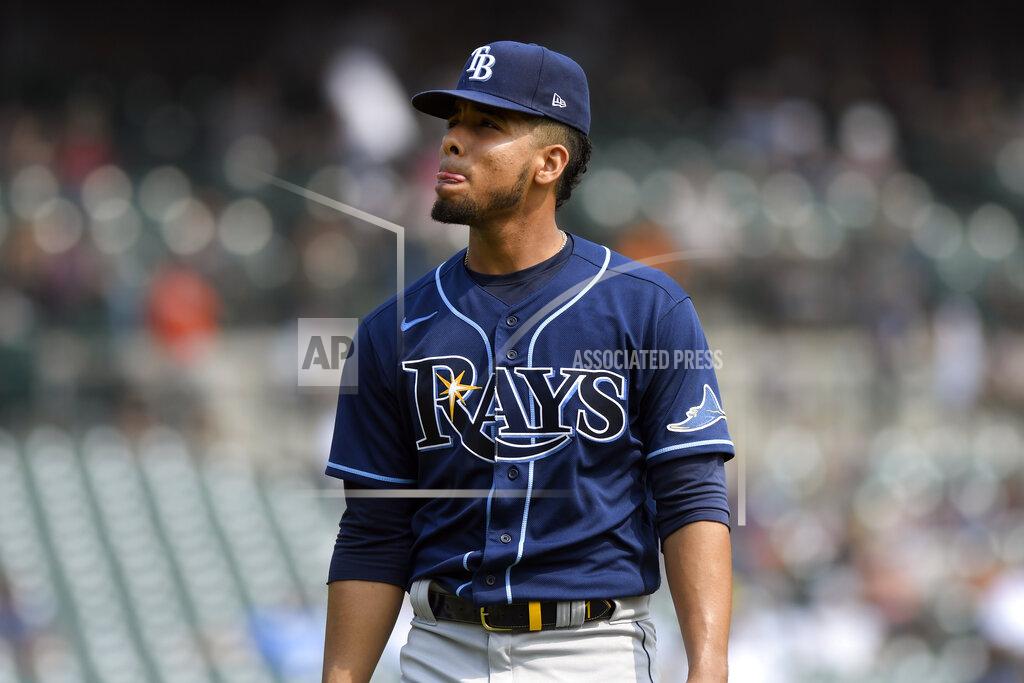 Jose Juarez Tampa Bay Rays starting pitcher Luis Patino reacts after being taken out of the game by manager Kevin Cash in the fifth inning of a baseball game against the Detroit Tigers, Sunday, Sept. 12, 2021, in Detroit. (AP Photo/Jose Juarez)