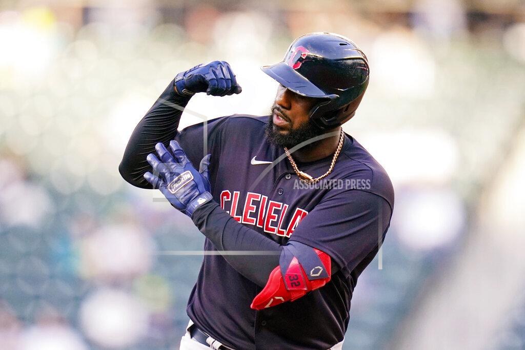 Elaine Thompson Cleveland Indians' Franmil Reyes shows off his muscle as he rounds the bases on his solo home run against the Seattle Mariners in the second inning of a baseball game Thursday, May 13, 2021, in Seattle. (AP Photo/Elaine Thompson)
