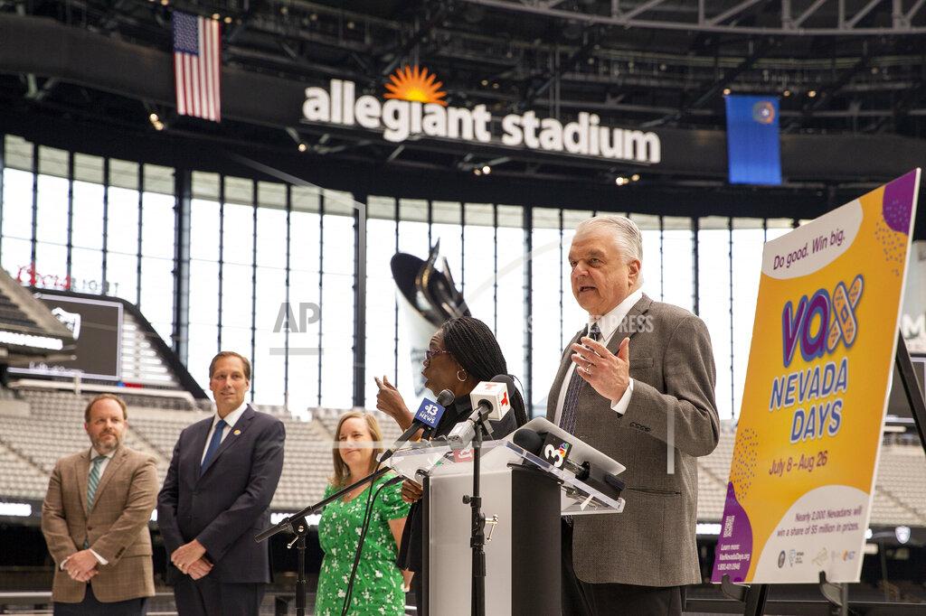 Ellen Schmidt Gov. Steve Sisolak announces a COVID-19 vaccine incentive program, "Vax Nevada Days," in the Twitch Lounge at Allegiant Stadium on Thursday, June 17, 2021, in Las Vegas. The program will automatically enter Nevadans who have had at least one dose of the COVID-19 vaccine into a weekly drawing that offers $5 million in cash and prizes, including a $1 million grand prize. (Ellen Schmidt/Las Vegas Review-Journal via AP)