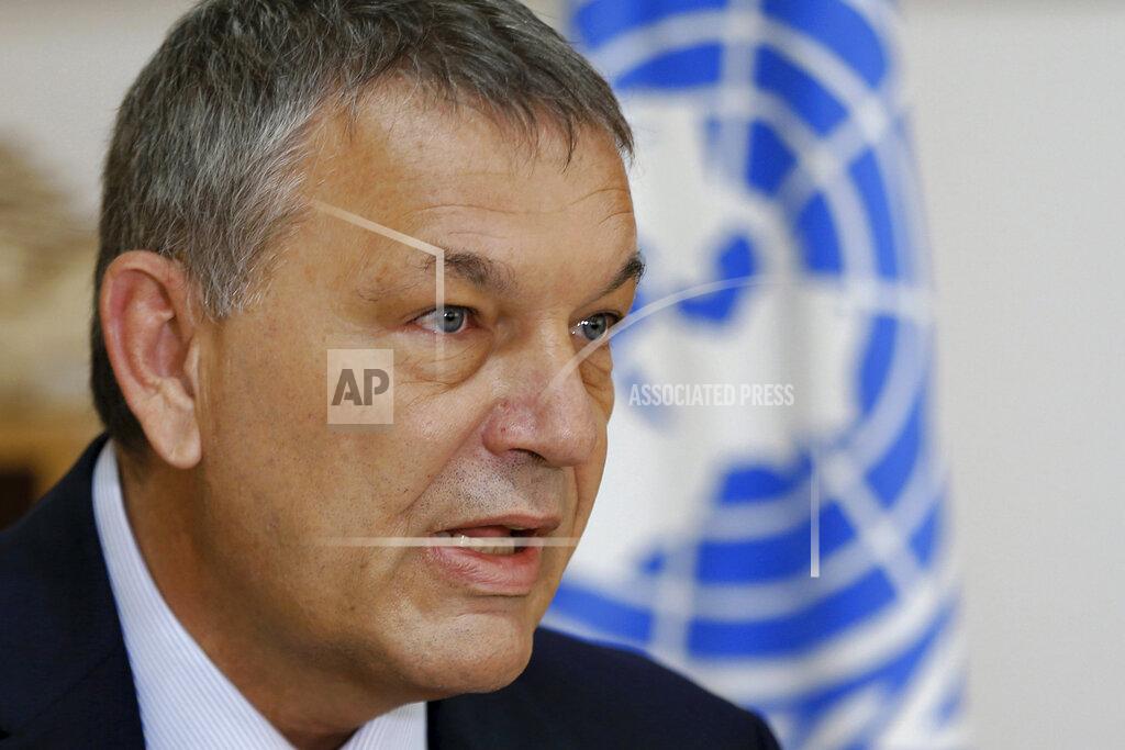 Bilal Hussein The Commissioner-General of the U.N. agency for Palestinian refugees Philippe Lazzarini, speaks during an interview with The Associated Press at the U.N. relief agency, UNRWA, headquarters in Beirut, Lebanon, Wednesday, Sept. 16, 2020. The financial crisis that the U.N. agency for Palestinian refugees is experiencing could lead to ceasing some of its activities in what would raise risks of instability in this volatile region, Lazzarini said Wednesday. (AP Photo/Bilal Hussein)