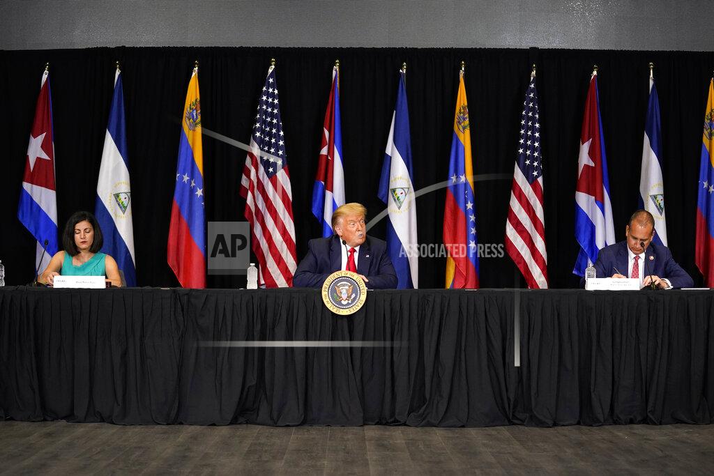 Evan Vucci President Donald Trump speaks during a roundtable on Venezuela at Iglesia Doral Jesus Worship Center, Friday, July 10, 2020, in Doral, Fla. (AP Photo/Evan Vucci)