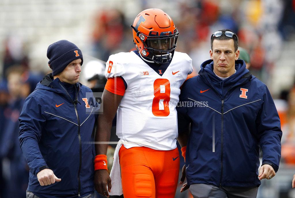 Patrick Semansky Illinois quarterback M.J. Rivers II (8) walks off the field after being injured on a play in the first half of an NCAA college football game against Maryland, Saturday, Oct. 27, 2018, in College Park, Md. (AP Photo/Patrick Semansky)