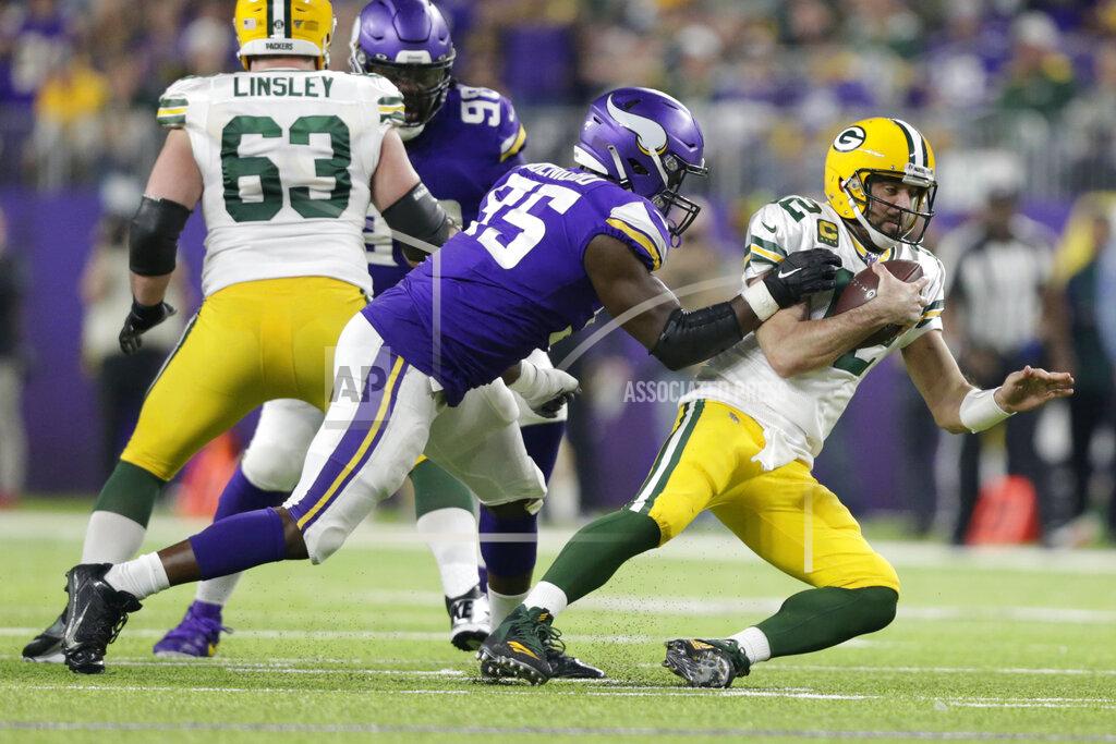 Andy Clayton-King Green Bay Packers quarterback Aaron Rodgers is sacked by Minnesota Vikings defensive end Ifeadi Odenigbo (95) during the second half of an NFL football game Monday, Dec. 23, 2019, in Minneapolis. (AP Photo/Andy Clayton-King)